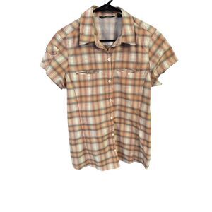 Eddie Bauer Womens Outdoor vented Button Down Shirt Pink Gray Plaid Size L